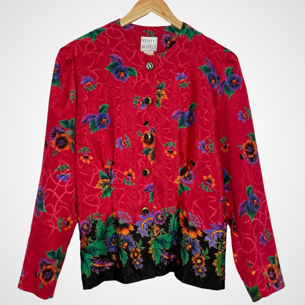 Vintage Bold Print‎ Button-Up Blouse Floral Quirky Big Unique Buttons Top Jacket